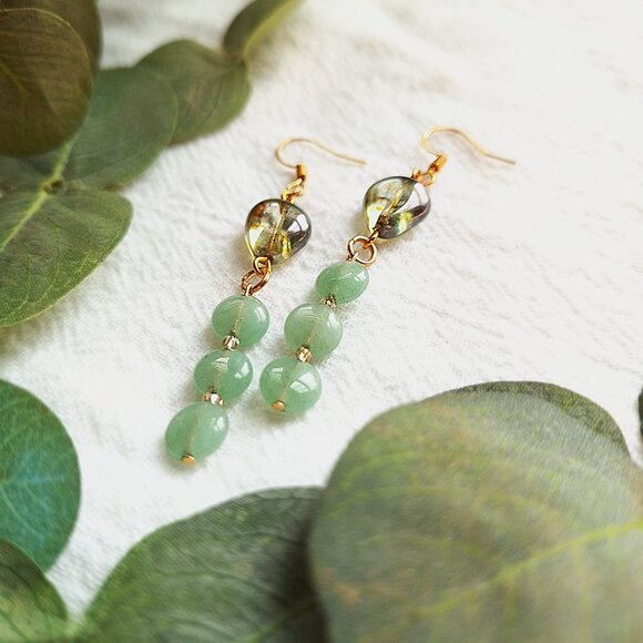 Glass & Aventurine Crystal Earrings, Woodland Fairycore Earrings, Cottagecore - Picture 4 of 7